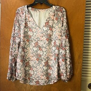 Floral V-Neck Long Sleeve Blouse - Pink Gray